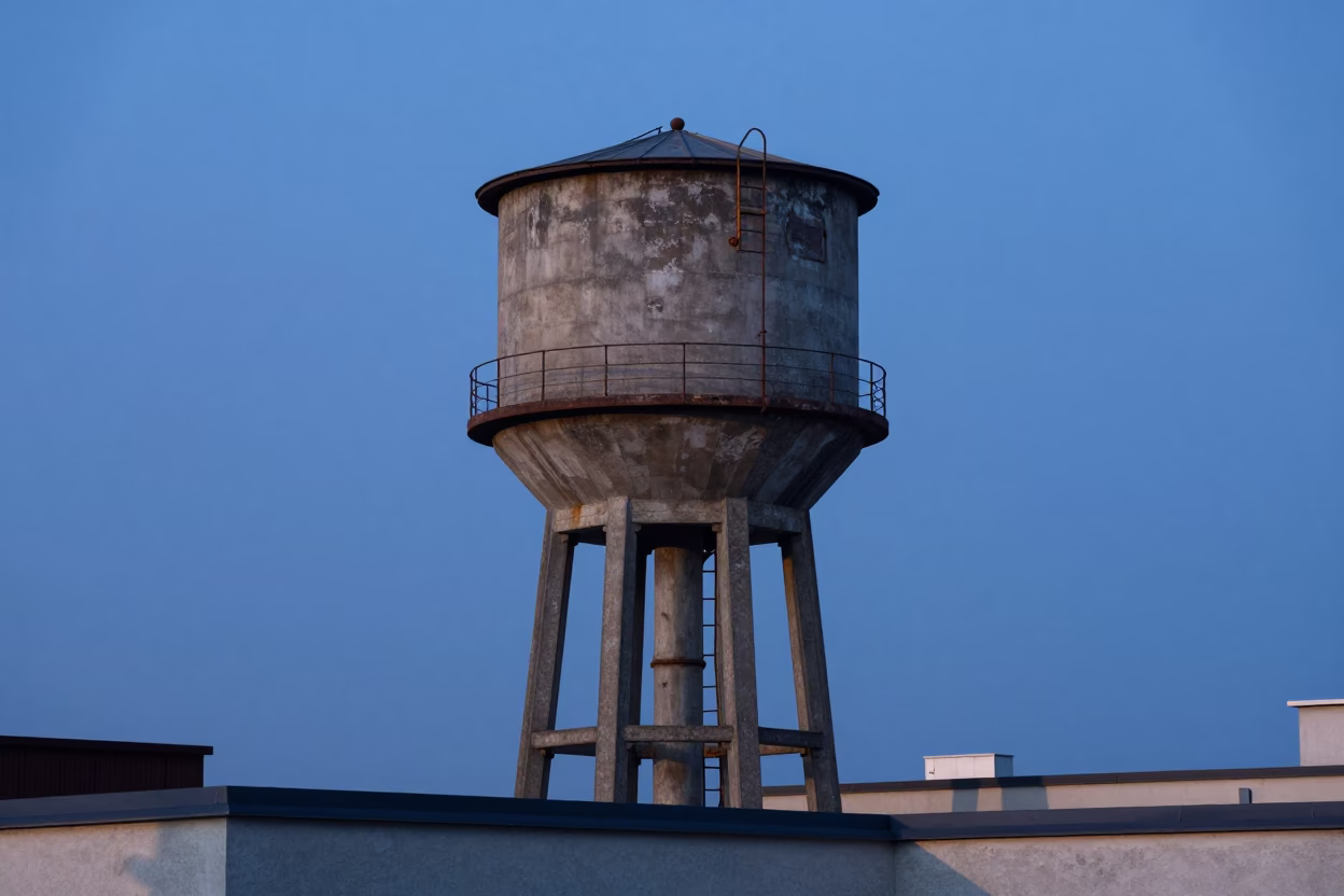 Prague Rooftop Water Tower Before Dawn in 1960s Czech Realism in in Prague, Czech Republic