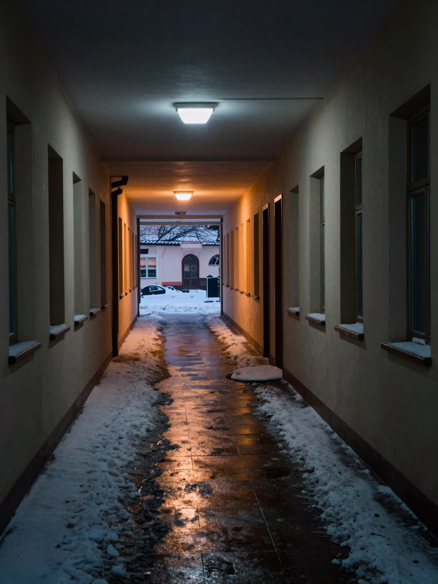Prague School Corridor Before Dawn Wet With Tracked Snow And Slush in in Prague, Czech Republic