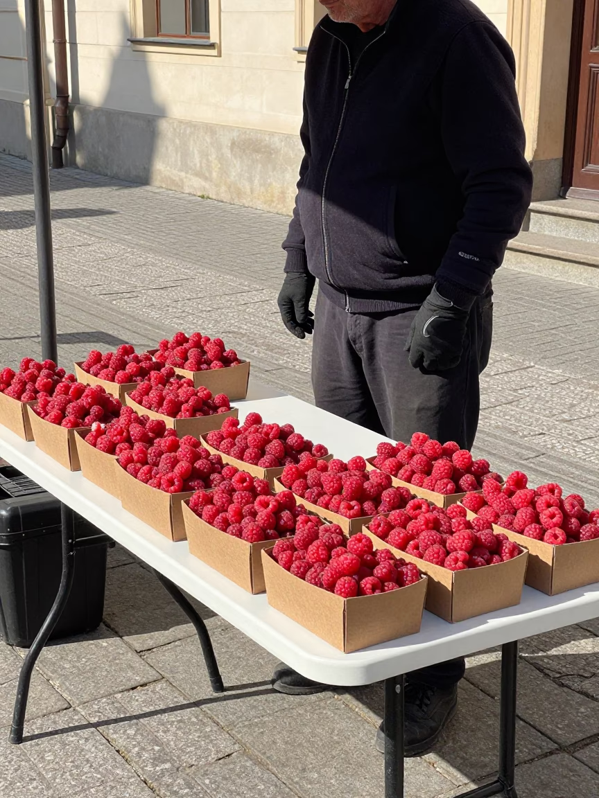 Prague Selling Raspberries at Bright Midmorning Light in in Prague, Czech Republic