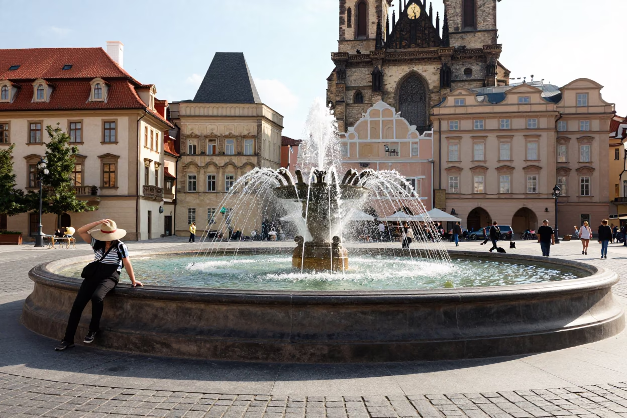 Prague Square Fountain at The Early Afternoon Light in in Prague, Czech Republic