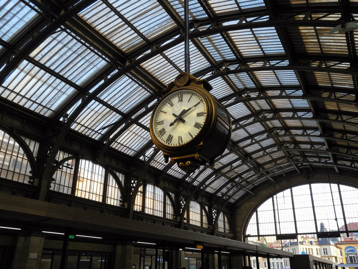 Prague Station Clock at The Late Afternoon Light in in Prague, Czech Republic