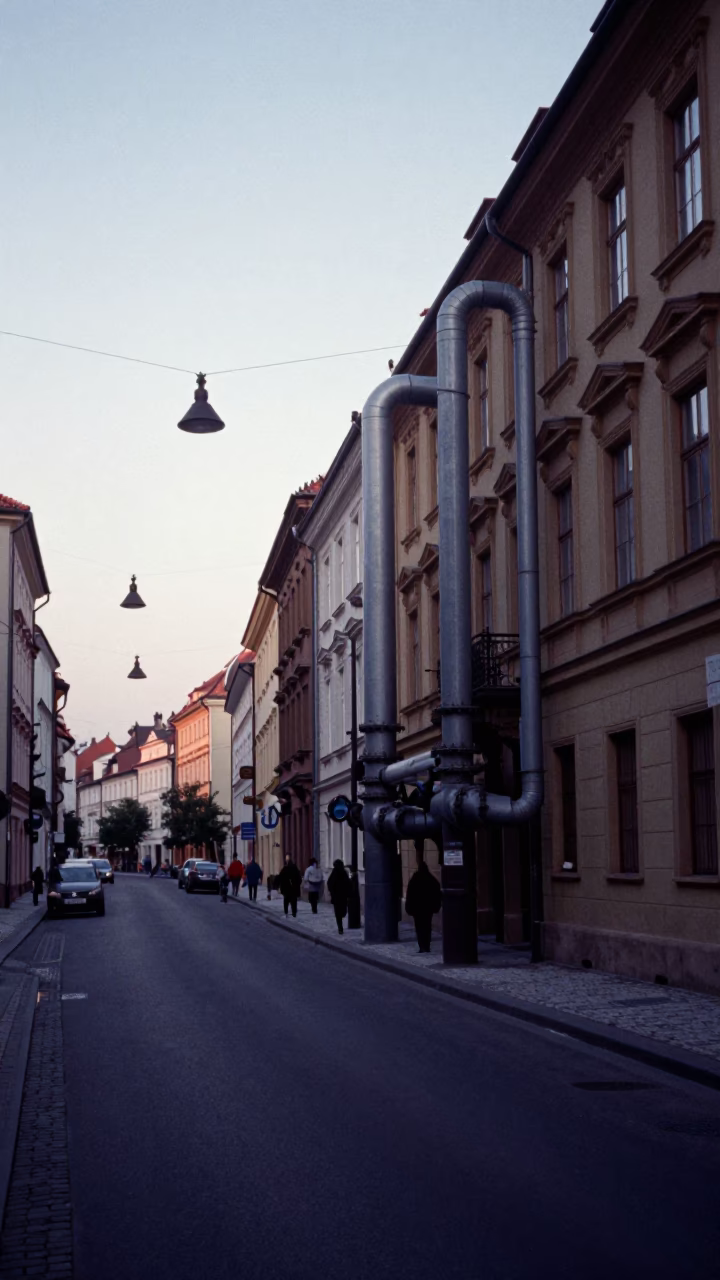 Prague Street Before Dawn with District Heating Pipes and Morning Commuters in in Prague, Czech Republic