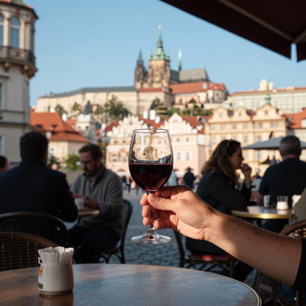 Prague Street Cafe Scene with Red Wine and Glass Pitcher in Late Afternoon Light in in Prague, Czech Republic