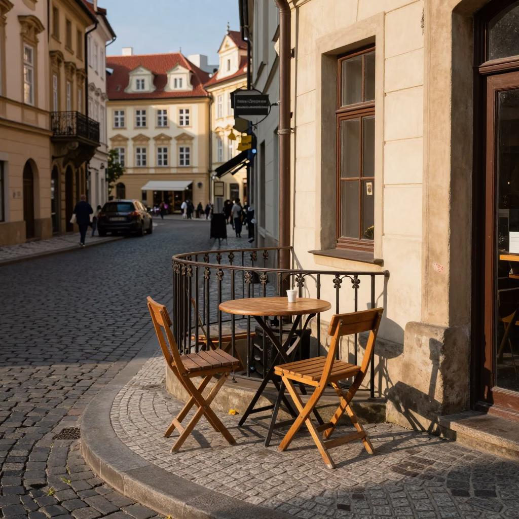 Prague Street Corner Afternoon with Folding Stools and Local Pedestrians in in Prague, Czech Republic