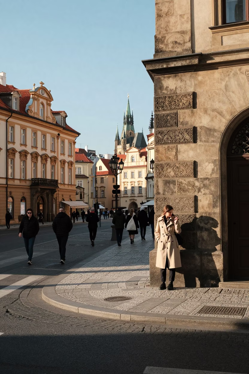 Prague Street Corner at Clear Late-afternoon Light in in Prague, Czech Republic