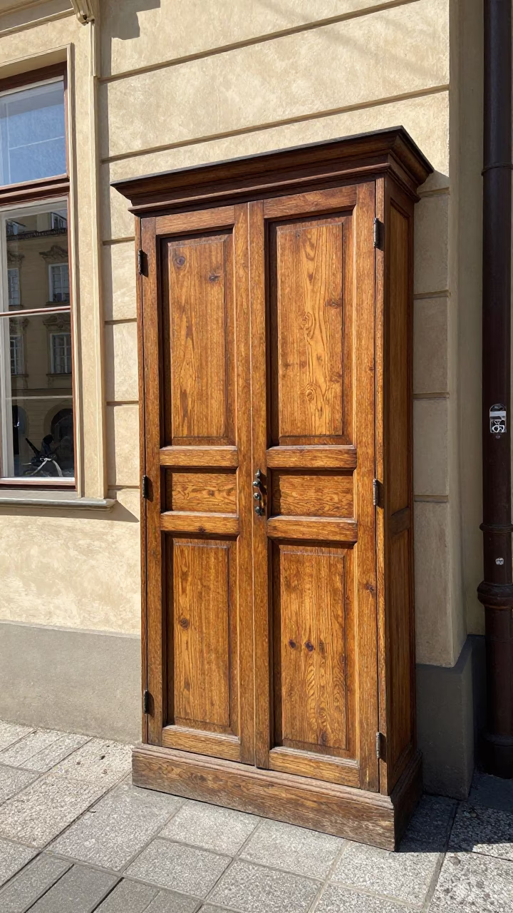 Prague Street Corner in Bright Midmorning Light with Wooden Cabinet and Window in in Prague, Czech Republic