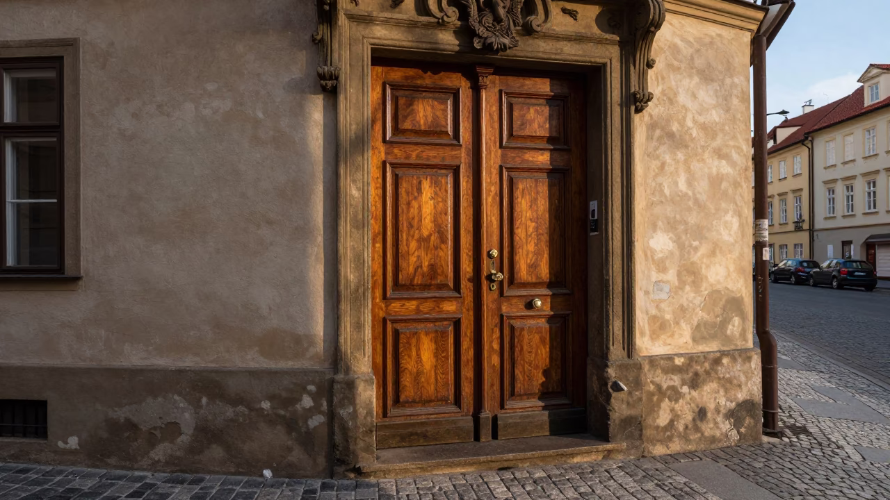 Prague Street Corner Late Afternoon Light with Old Door and Rusty Bracket in in Prague, Czech Republic
