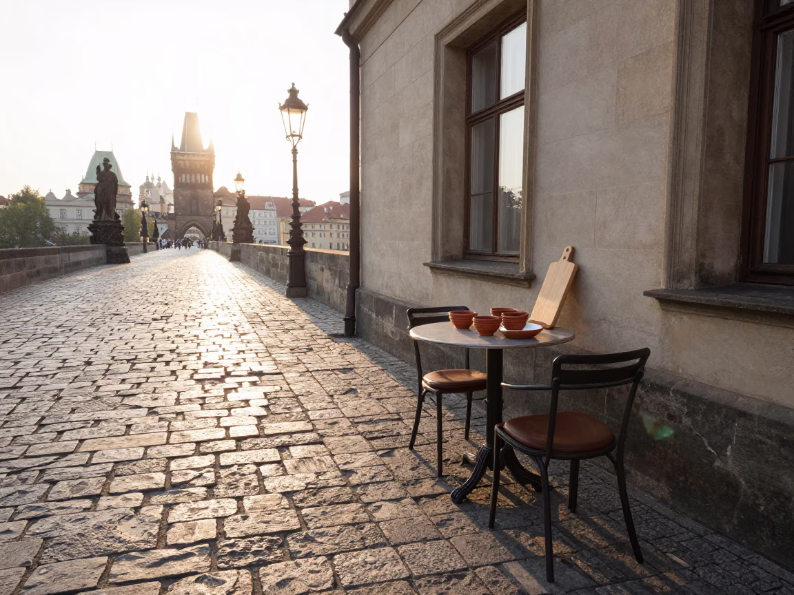 Prague Street Corner Morning Light on Vintage Ceramic Tableware and Coffee Stains in in Prague, Czech Republic