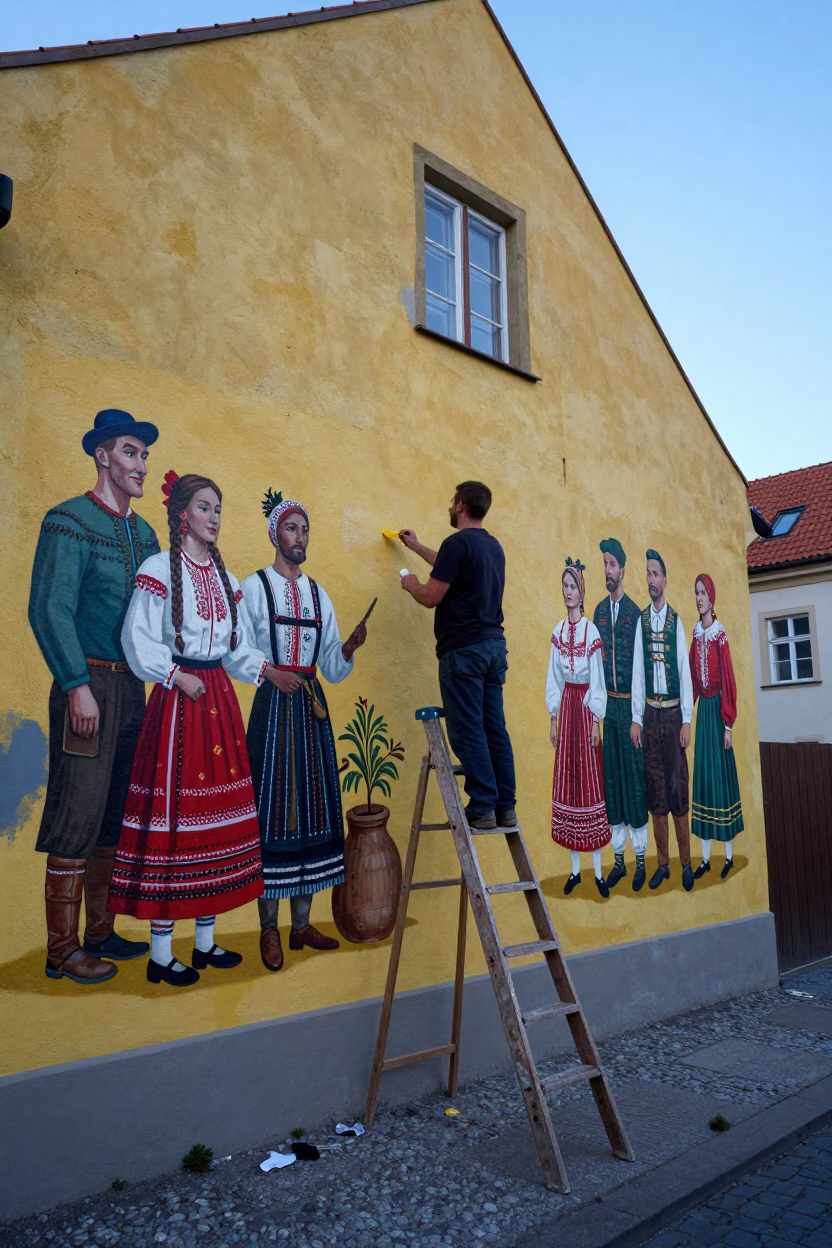 Prague street mural artist painting colorful socialist realism before sunrise in in Prague, Czech Republic
