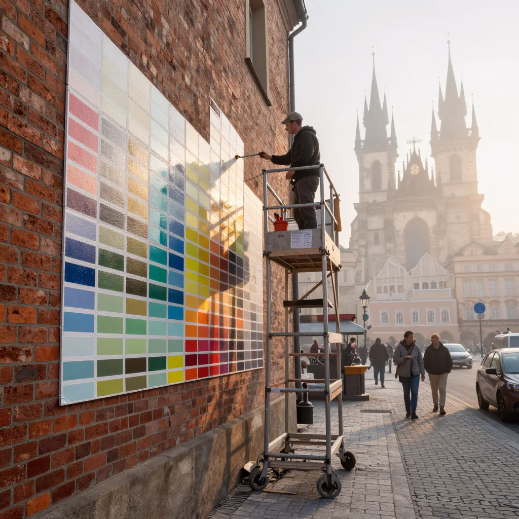 Prague Street Muralist Painting Sample Swatches from Scaffold at First Light in in Prague, Czech Republic