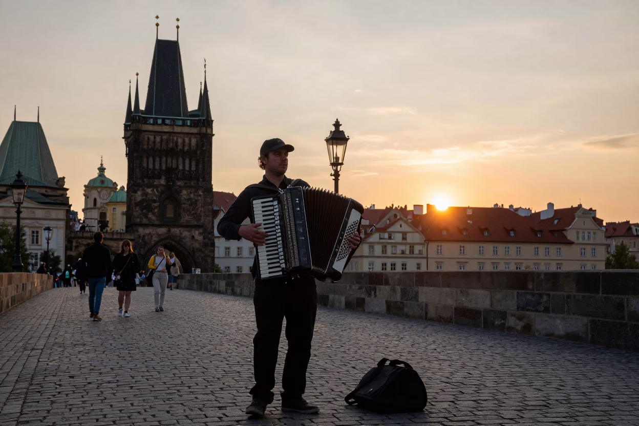 Prague Street Musician Playing Accordion at Sunset with Tourists and Historic Architecture in in Prague, Czech Republic
