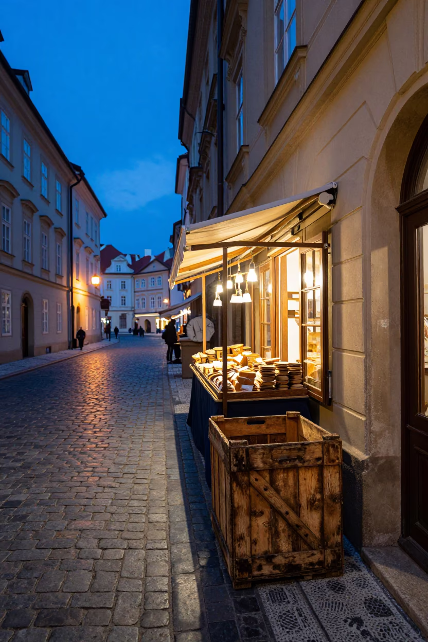 Prague Street Scene at Blue Hour with Vintage Crate and Local Market Activity in in Prague, Czech Republic