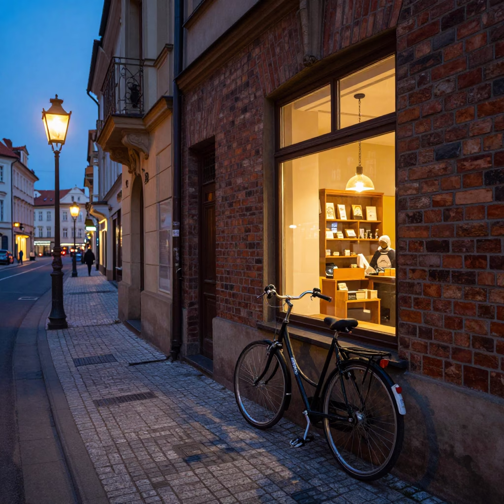 Prague Street Scene at Dusk with Bicycle and Bakery in in Prague, Czech Republic