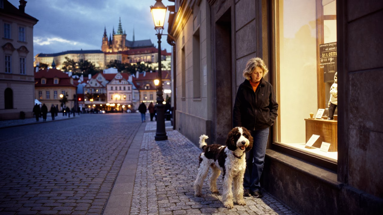 Prague Street Scene at Dusk with Spinone Italiano and Local Life in in Prague, Czech Republic