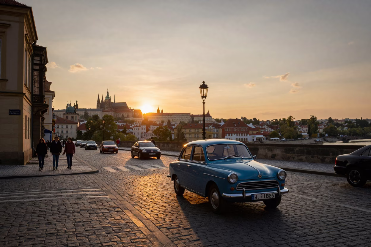 Prague Street Scene at Dusk with Vintage Cars and Pedestrians Near Charles Bridge in in Prague, Czech Republic