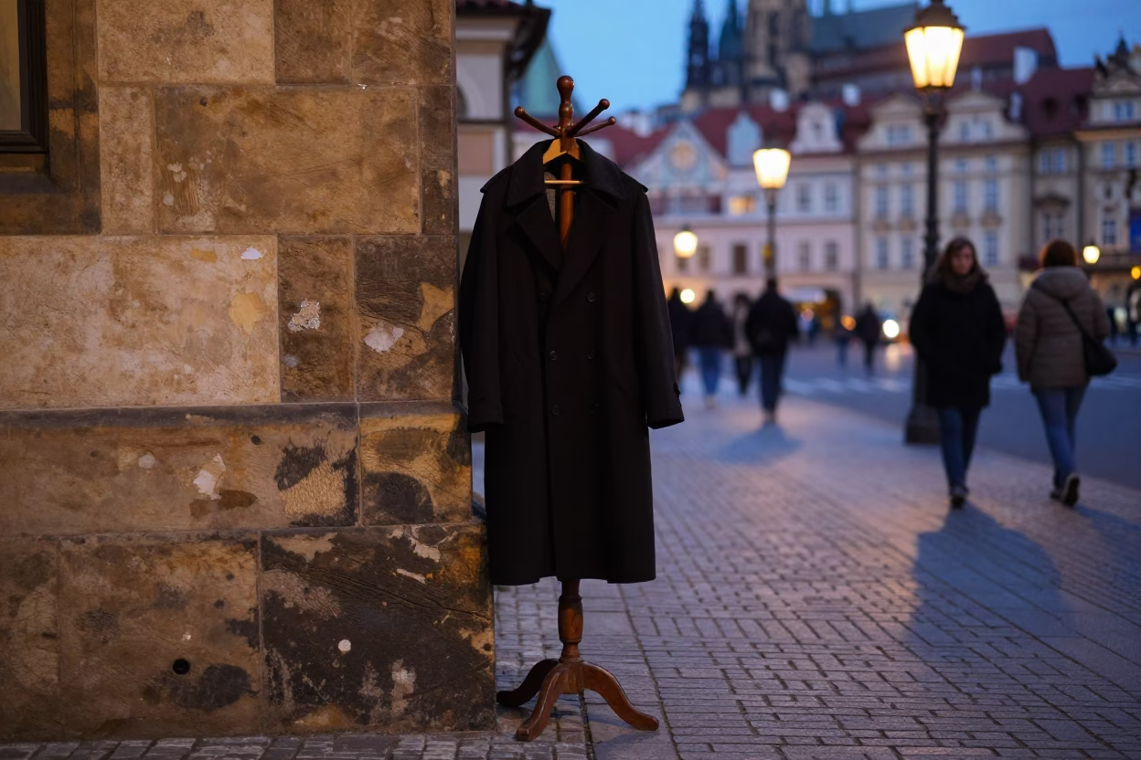 Prague Street Scene at Dusk with Vintage Coat Stand and Local Life in in Prague, Czech Republic