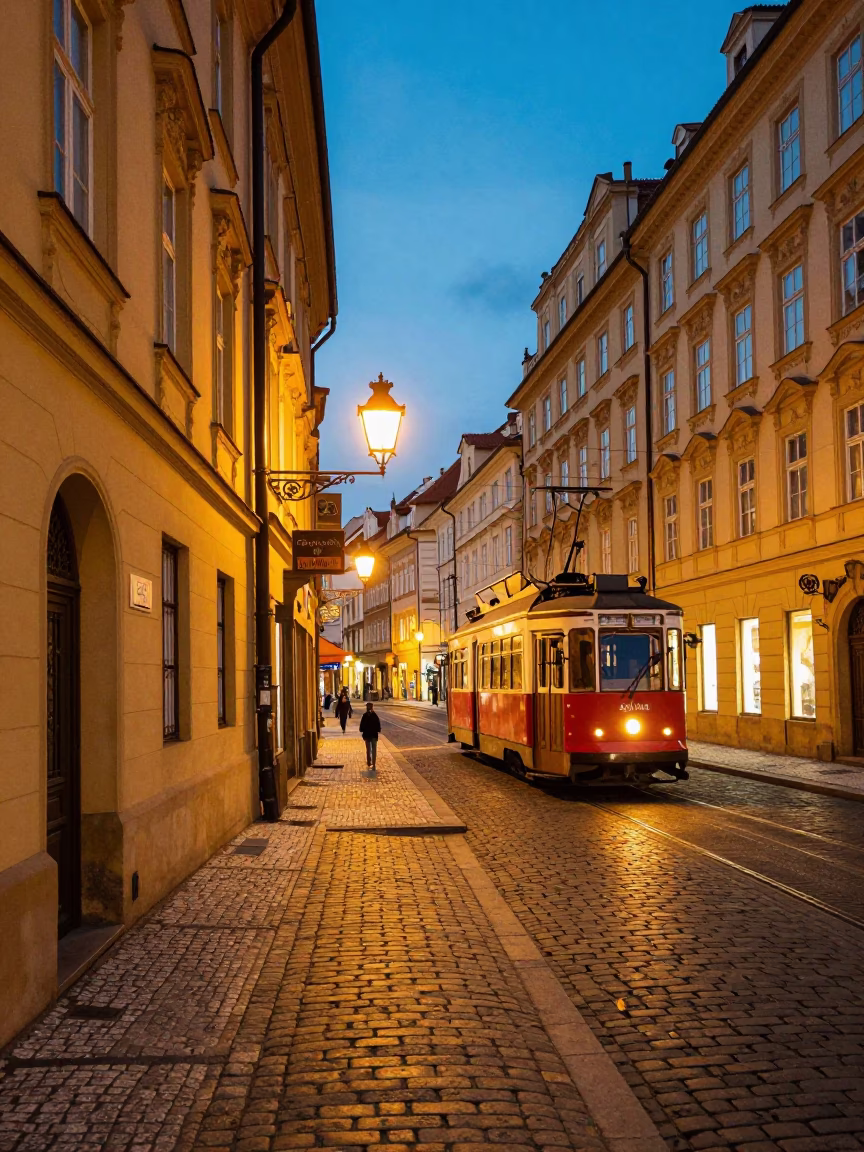 Prague street scene at dusk with vintage tram and historic architecture in in Prague, Czech Republic