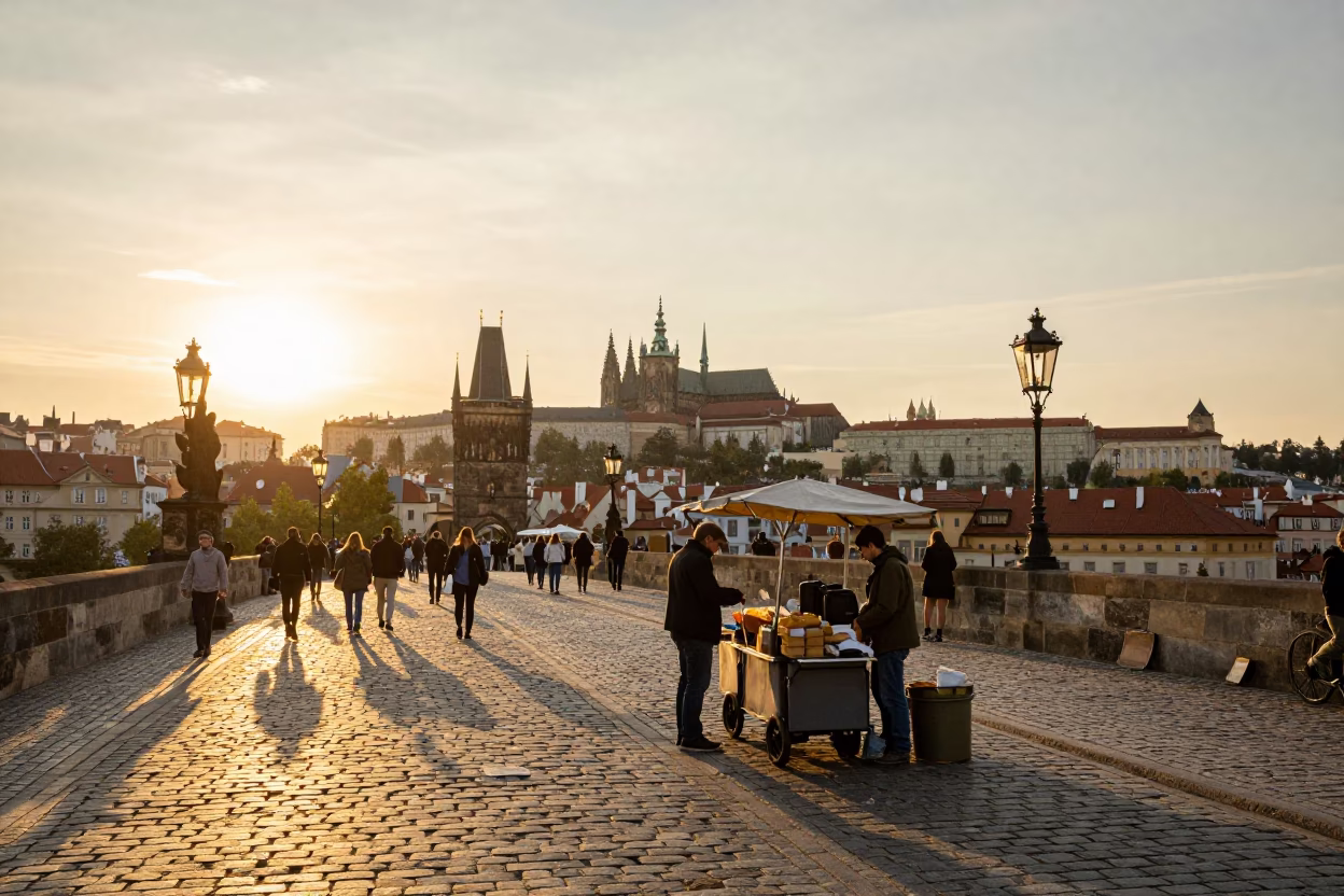 Prague Street Scene at Sunset Light in in Prague, Czech Republic