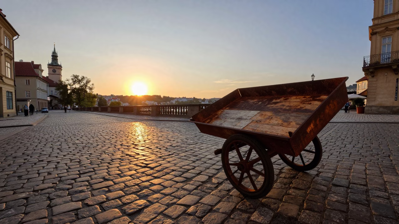 Prague Street Scene at Sunset with Rusty Metal Tray and Glass Cloche on Cobblestone in in Prague, Czech Republic