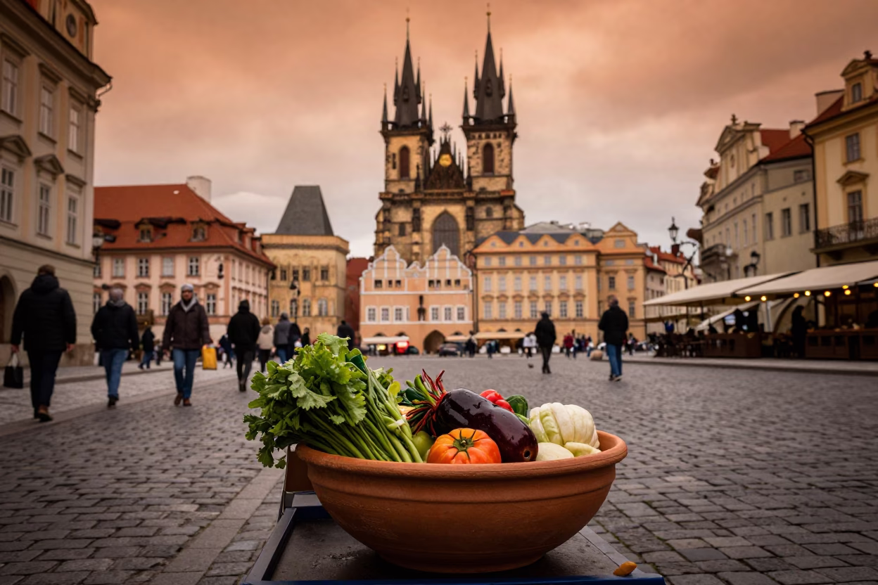 Prague street scene before dusk with terracotta bowl and geraniums in in Prague, Czech Republic