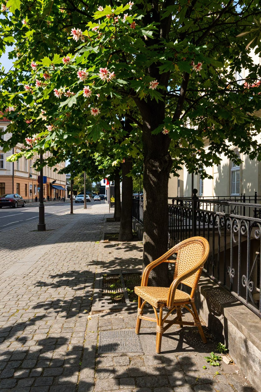 Prague Street Scene Early Afternoon with Rattan Chair and Paperbacks in in Prague, Czech Republic