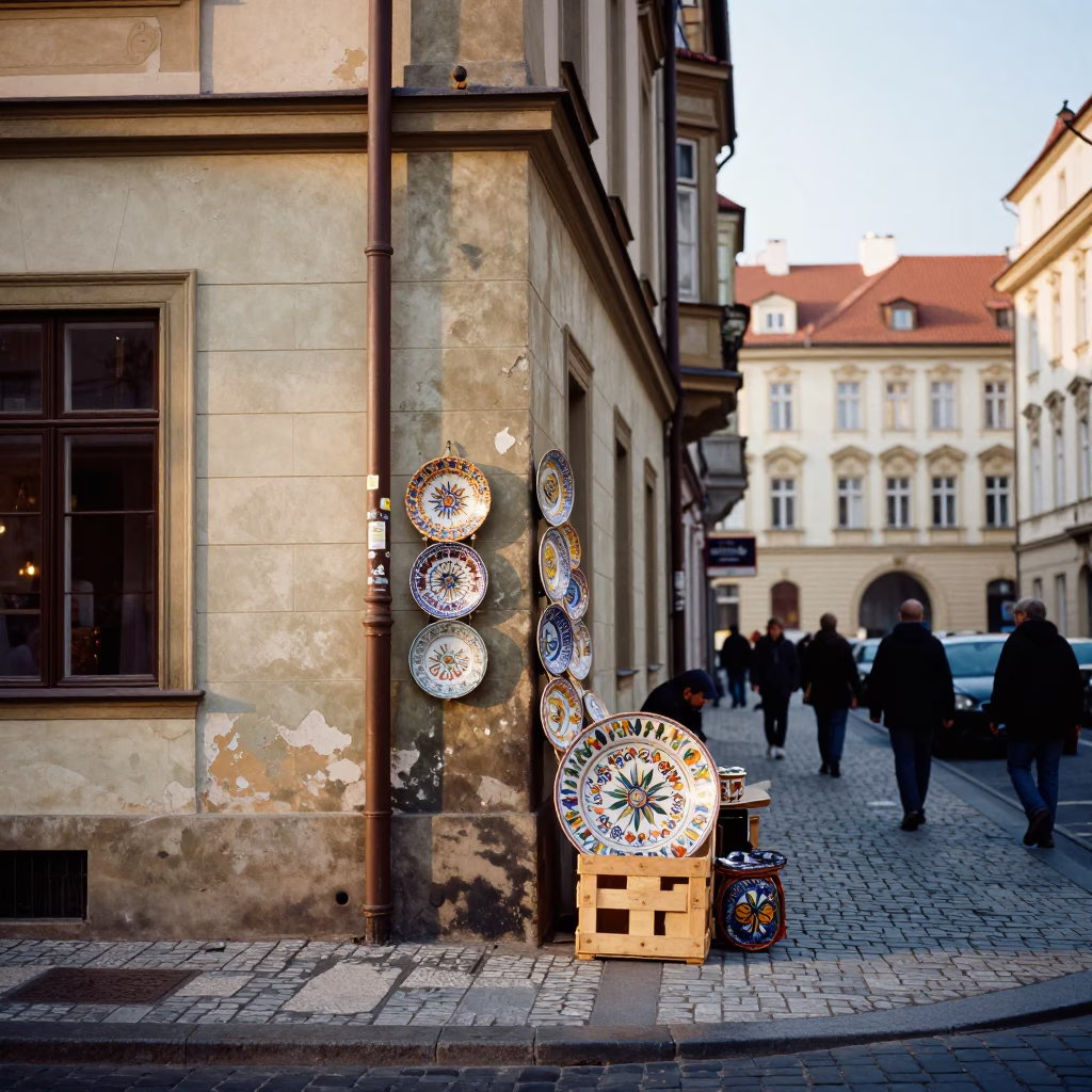 Prague Street Scene Early Afternoon with Vintage Majolica Plate and Rusty Window Frame in in Prague, Czech Republic