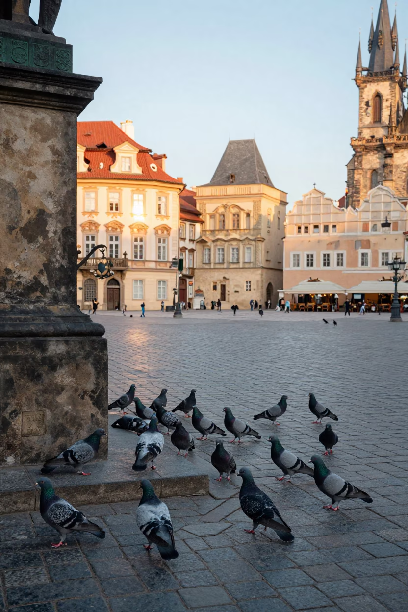 Prague Street Scene Just After Sunrise With Pigeons And Urban Details in in Prague, Czech Republic