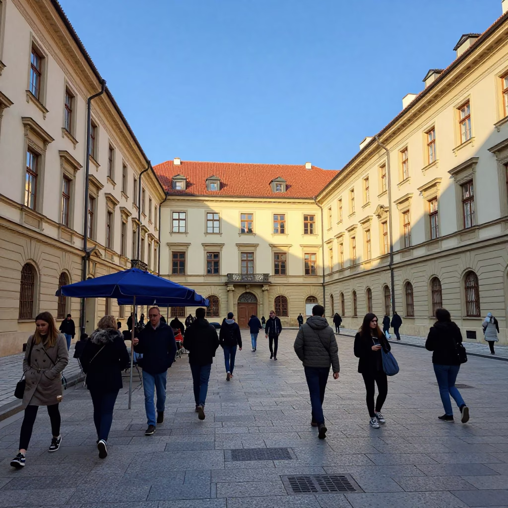 Prague Street Scene Late Afternoon with Umbrellas and Courtyard Life in in Prague, Czech Republic