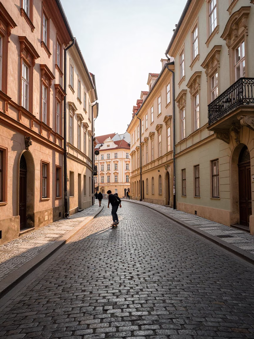 Prague Street Scene Late Morning Light with Skateboarder and Spindle Chair in in Prague, Czech Republic