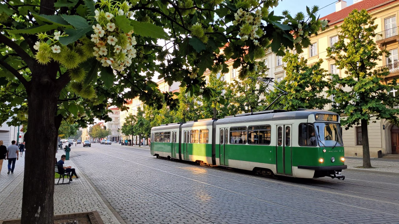Prague Street Scene Late Morning with Tram and Chestnut Tree in in Prague, Czech Republic