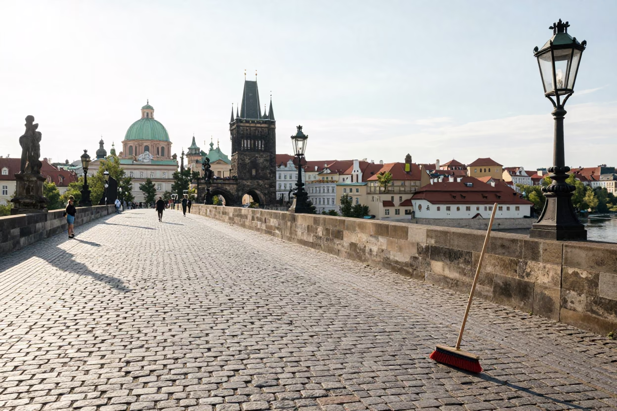 Prague street scene with cobblestones and hand broom near Charles Bridge in in Prague, Czech Republic