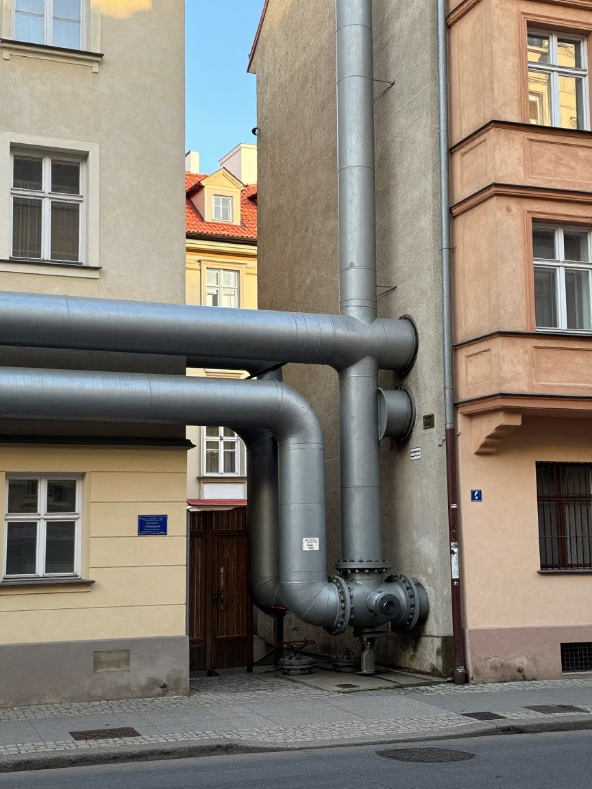 Prague Street Scene with District Heating Pipes and Vintage Bottle in in Prague, Czech Republic