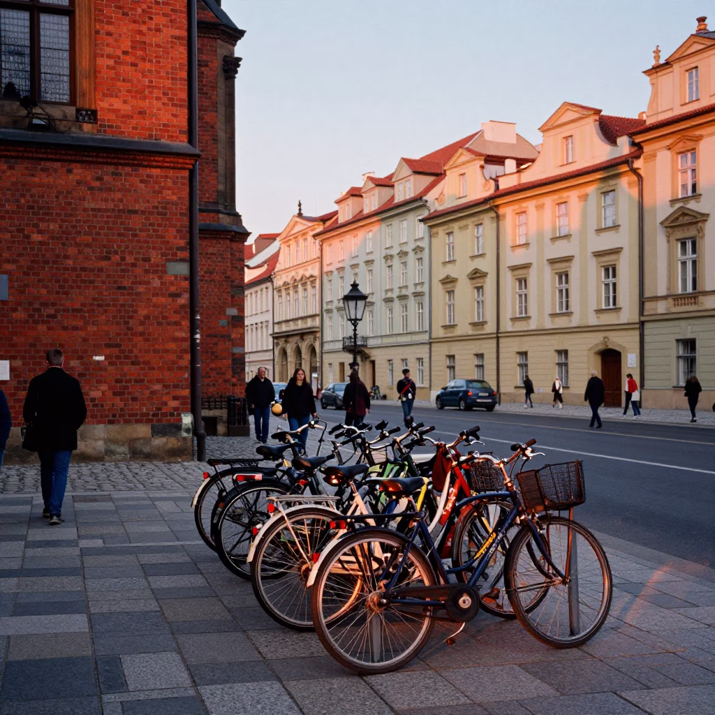 Prague Street Scene with Red Brick Architecture and Evening Light in in Prague, Czech Republic