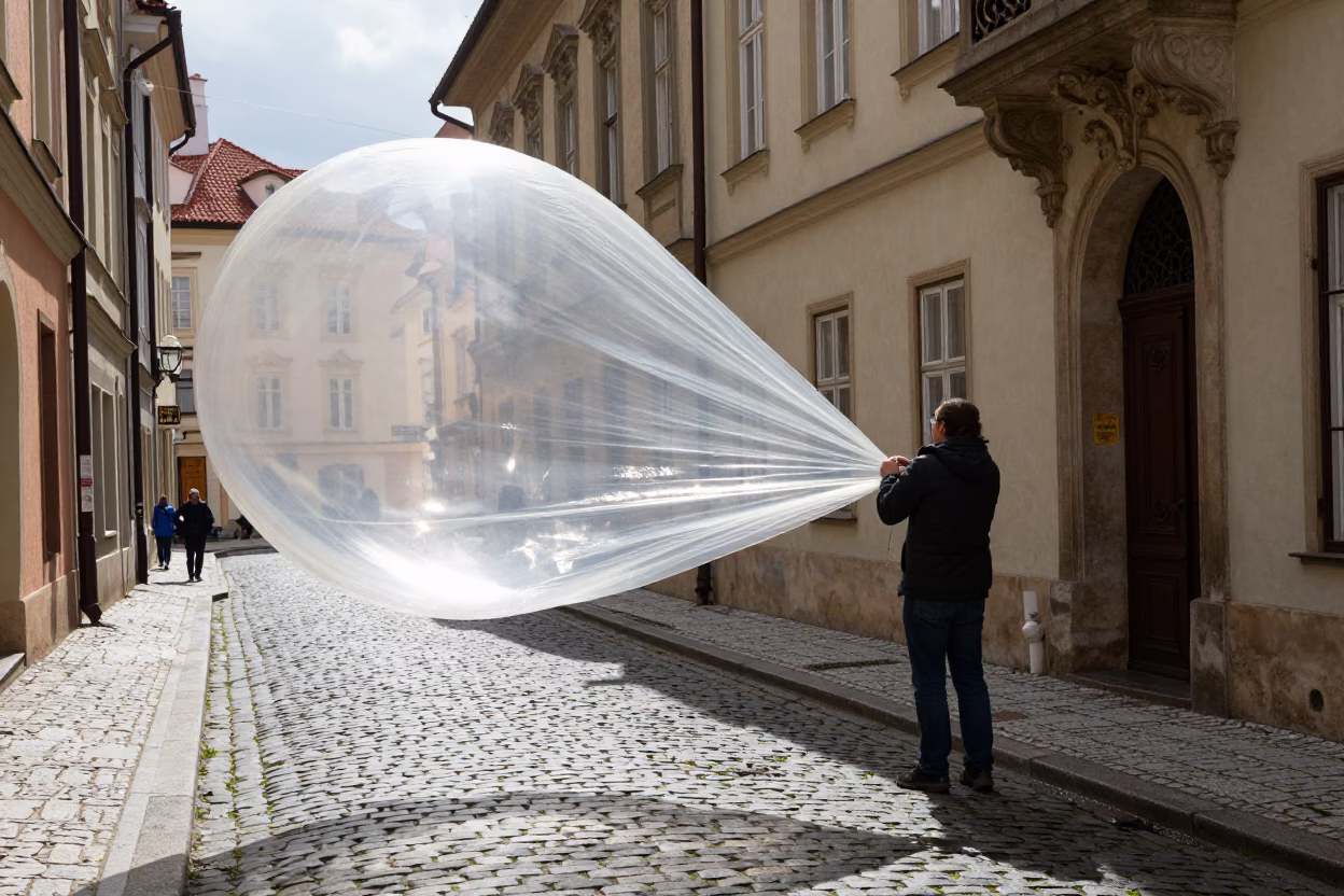 Prague Street Scene with Weather Balloon Launch Tarp Snapping Over Wet Asphalt Midday in in Prague, Czech Republic