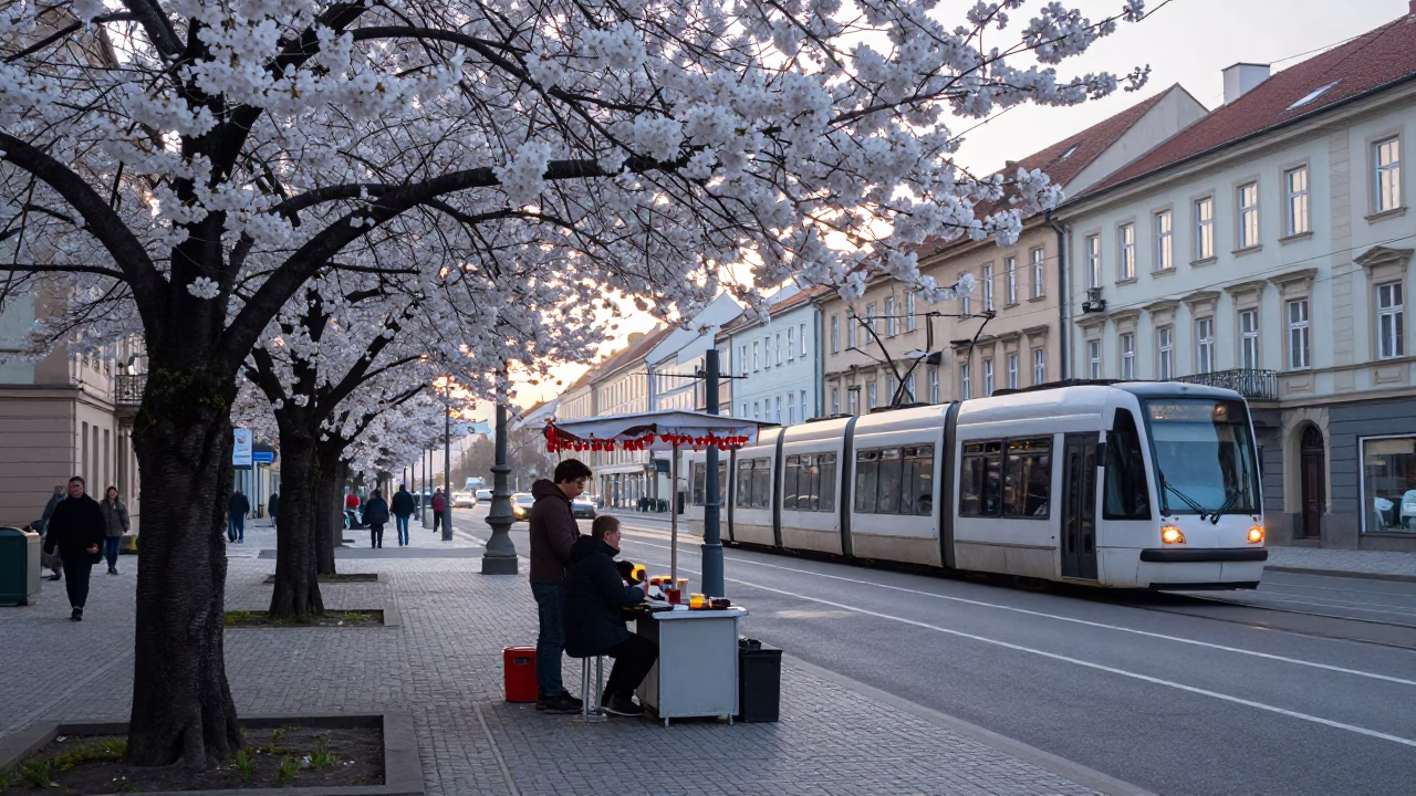 Prague Street Vendor Early Morning Cherry Blossoms and Tram Stop in in Prague, Czech Republic