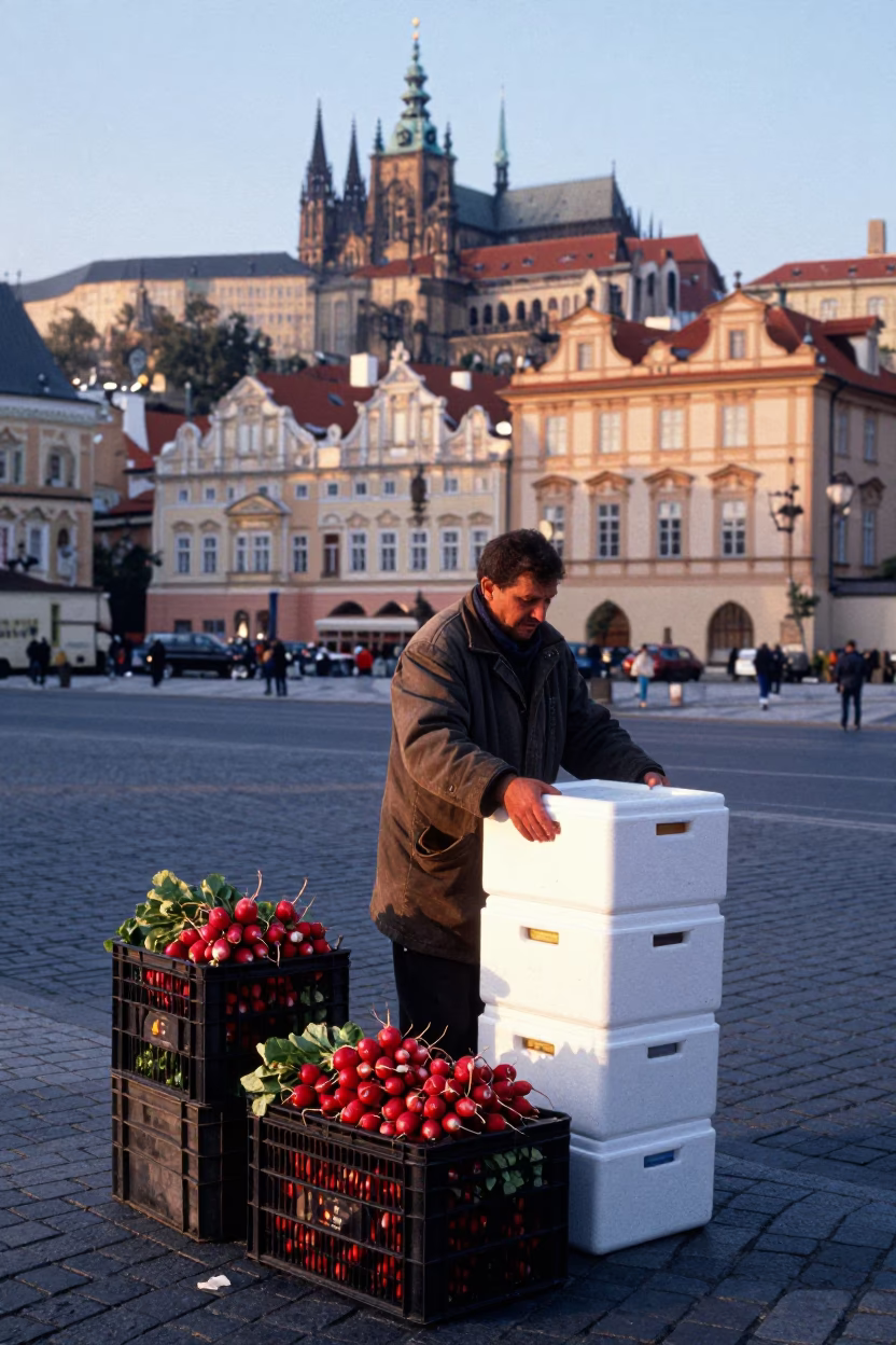 Prague street vendor preparing radishes and crates before sunrise in Czech Republic in in Prague, Czech Republic