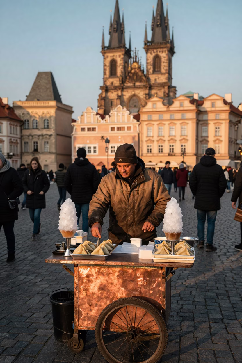 Prague Street Vendor Selling Dolma and Shaved Ice in Copper Dusk Light in in Prague, Czech Republic