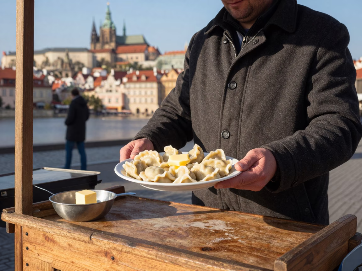 Prague Street Vendor Selling Pierogi Ruskie with Butter in Late Afternoon Light in in Prague, Czech Republic
