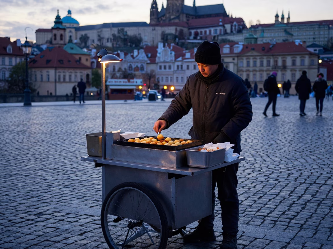 Prague Street Vendor Selling Takoyaki Before Sunrise in Czech Republic in in Prague, Czech Republic