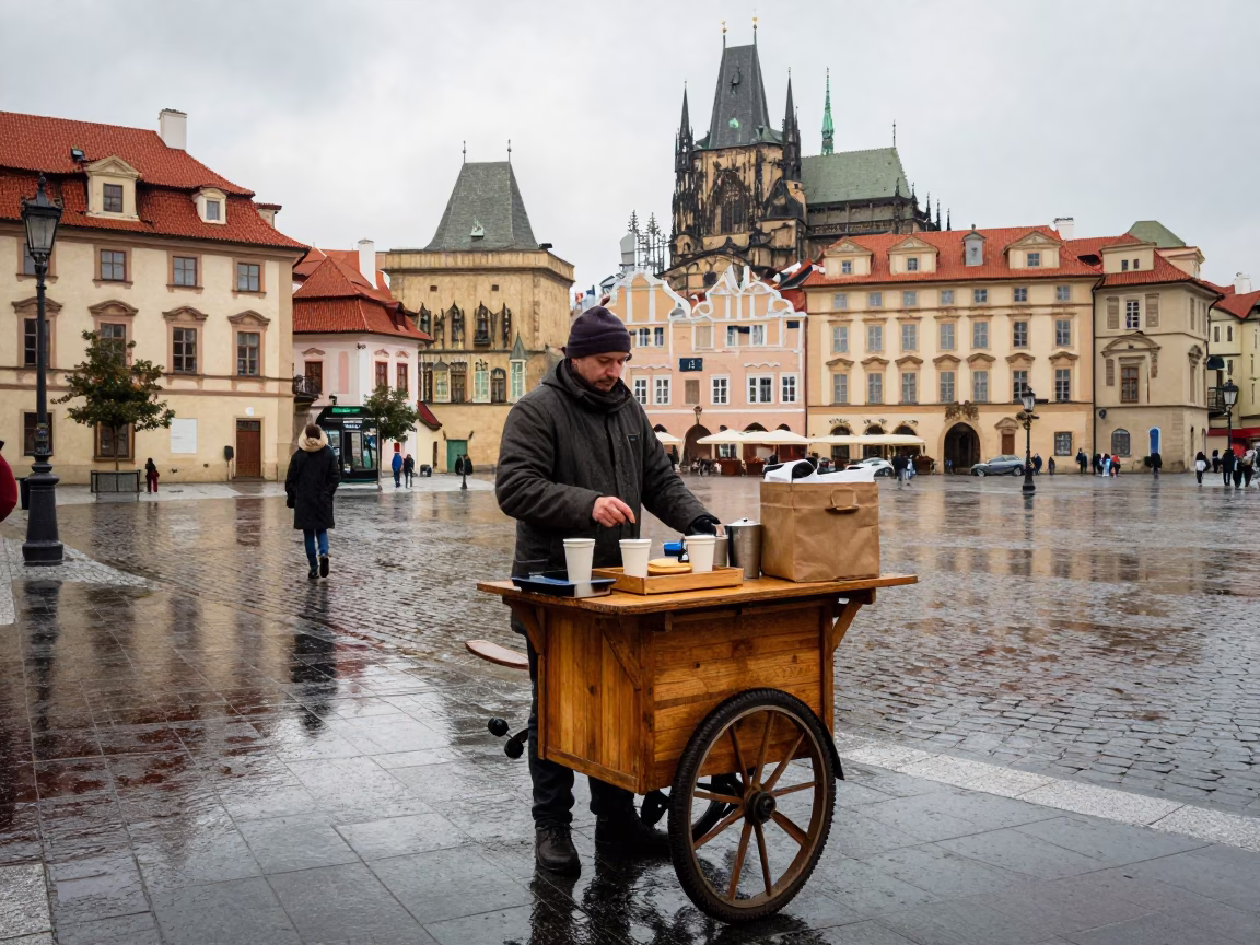 Prague street vendor serving hot drinks after rain in first light in in Prague, Czech Republic