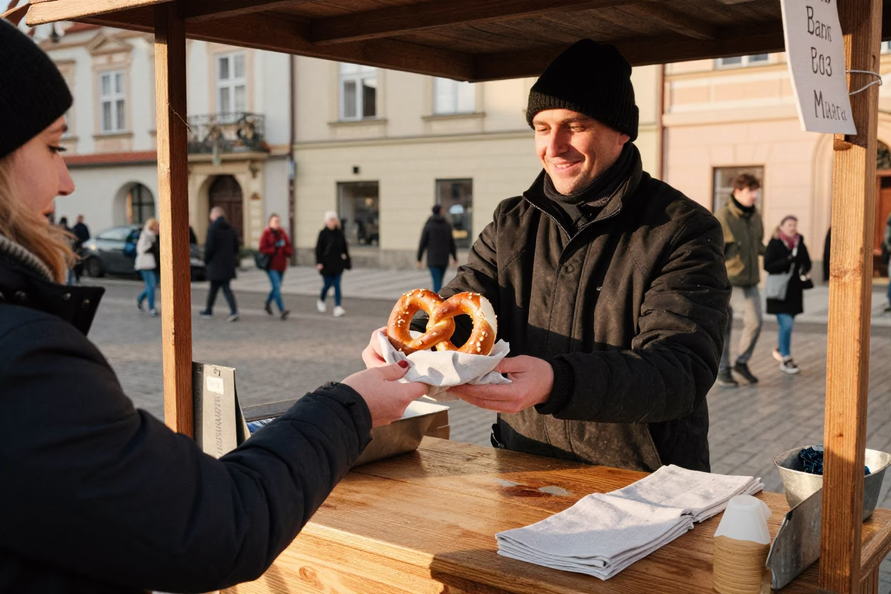 Prague street vendor serving hot pretzels with linen napkins in in Prague, Czech Republic