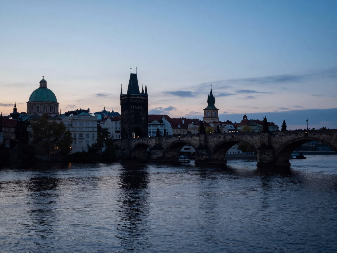 Prague Sunrise Over Vltava River and Charles Bridge Stone Architecture in in Prague, Czech Republic