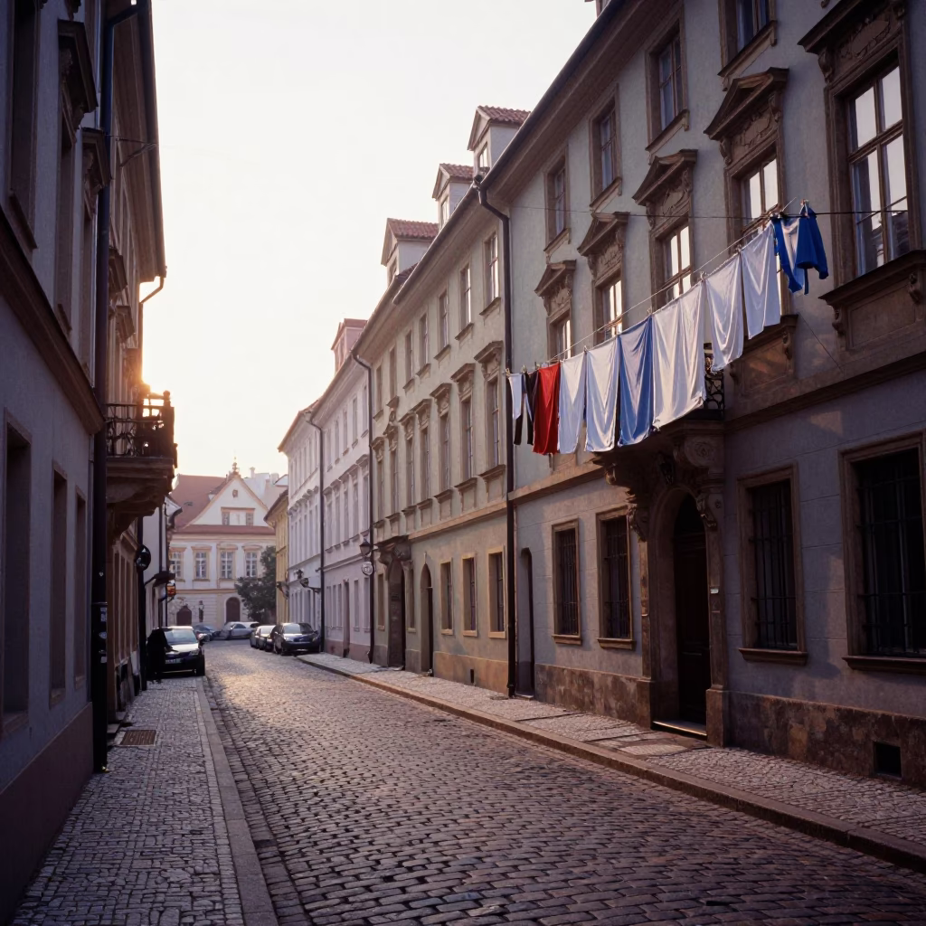 Prague Sunrise Street Scene with Laundry and Urban Details in in Prague, Czech Republic