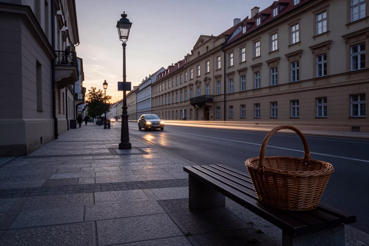 Prague Sunrise Street Scene with Valet Stand and Hotel Awning Reflections in in Prague, Czech Republic