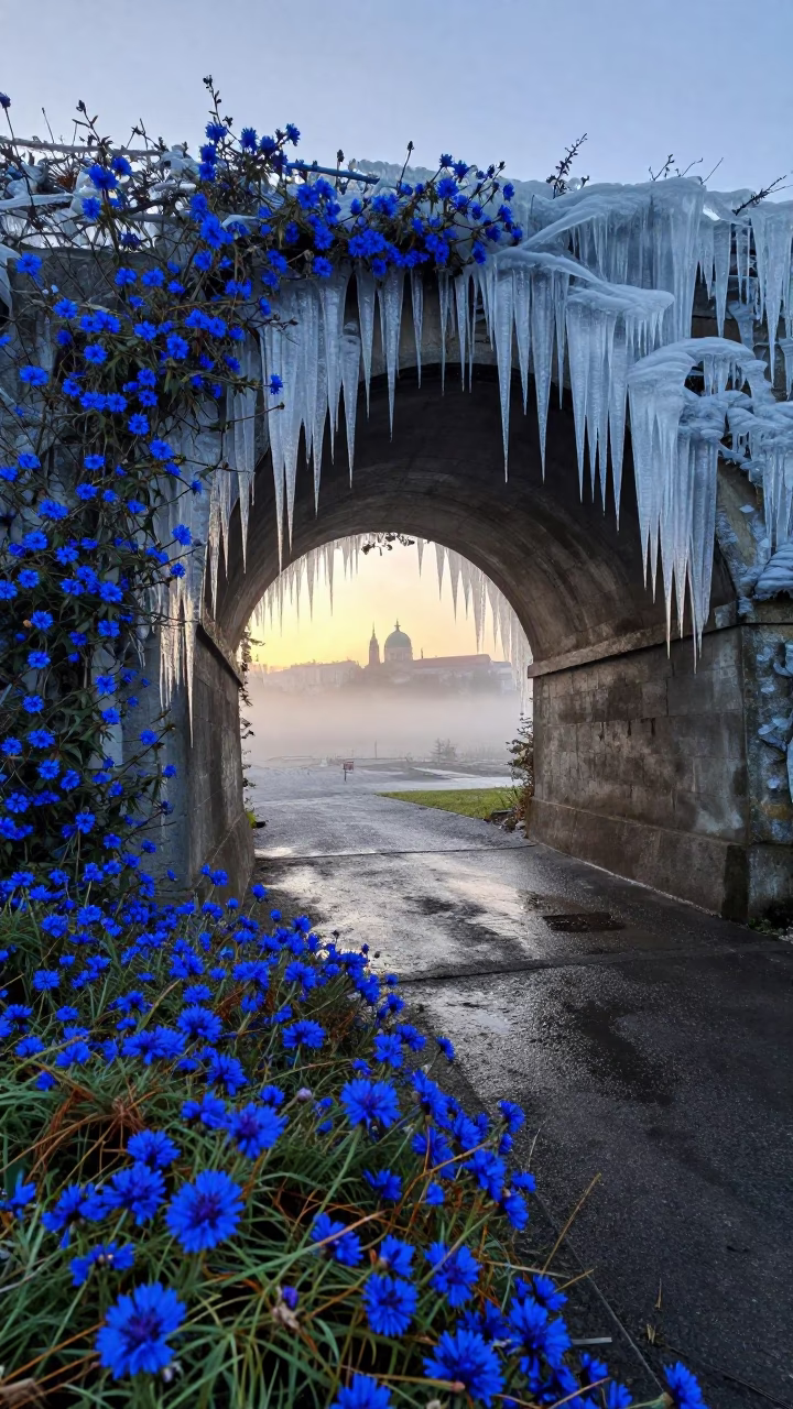 Prague Sunrise Tunnel Icicles and Plumbago Hedge in in Prague, Czech Republic