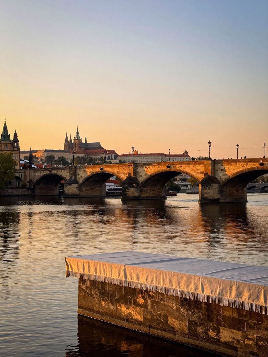 Prague Sunset Bridge Pier Reflections and Linen Fringe Countertop Detail in in Prague, Czech Republic