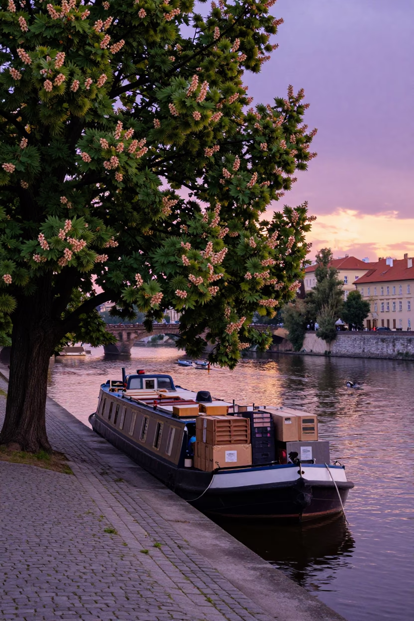 Prague Sunset Canal Barge Cargo Scene with Chestnut Tree Husks in in Prague, Czech Republic