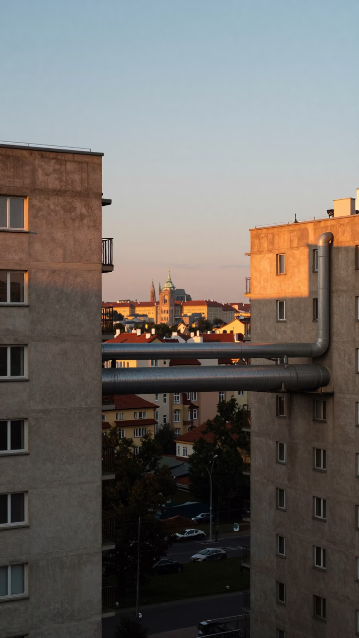 Prague Sunset District Heating Pipes Between Concrete Apartment Blocks in in Prague, Czech Republic