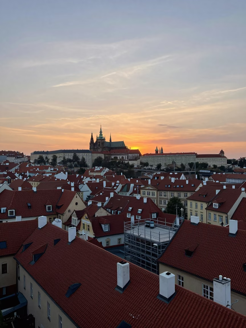 Prague Sunset Landscape View Over Rooftops and Geometric Scaffold Joints Against White Sky in in Prague, Czech Republic