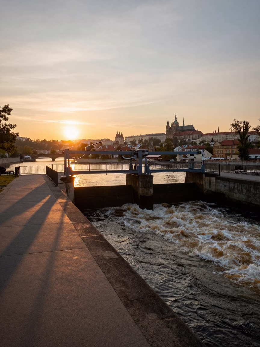 Prague Sunset Over Vltava River Sluice Gate Walkway and Tea-Colored Water in in Prague, Czech Republic